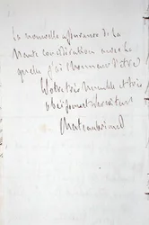 Carta con la firma del escritor, escrita en Frankfurt en ruta al nuevo puesto de Chateaubriand como ministro plenipotenciario en Berlín, 7 de enero de 1821