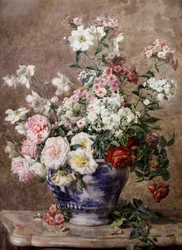 Naturaleza muerta de anémonas y rosas en un jarrón azul y blanco. Pintura de François Rivoire (1842-1919) Colección particular.