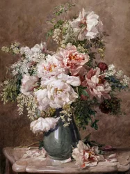 Bodegón de peonías y rosas. Pintura de François Rivoire (1842-1919) Colección particular.