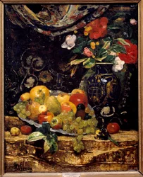 Flores y frutas. Pintura de François Vernay (1821-1896)