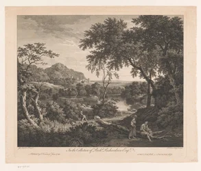 paisaje con pastor y dos figuras junto a una piscina