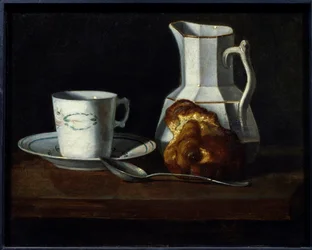 Naturaleza muerta una taza de brioche, jarra de leche y brioche. Pintura de Françoise Bourin (1817-1887) siglo XIX Roanne, museo Joseph Dechelette. - Naturaleza muerta, una taza de pastel, jarra de leche y brioche. Pintura de Françoise Bourin (1817-1887)