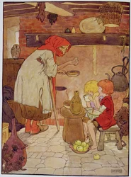 Hansel y Gretel son alimentados por la Bruja, ilustración de 