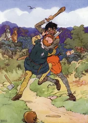 Ilustración para "Los niños en el bosque" (litografía en color)