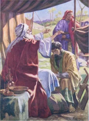 Jacob obteniendo la bendición, de El libro de imágenes de la Biblia publicado por Thomas Nelson, c.1950