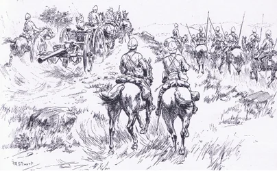 La caballería y artillería de Buller avanzando en Bergendal, ilustración de Después de Pretoria: La Guerra de Guerrillas, 1902