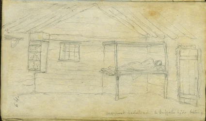 Cama de un poste y listado de piel de búfalo, 1851