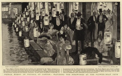 El príncipe Enrique de Prusia en Cantón, viendo los fuegos artificiales en la fiesta del barco de flores