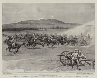 La batalla de Ladysmith, artillería corriendo a la acción para bombardear a los bóers en la colina Pepworth