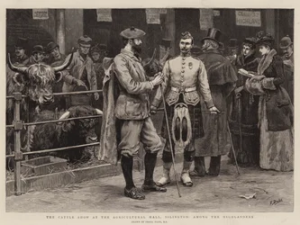 La exposición de ganado en el Salón de Agricultura, Islington, entre los montañeses