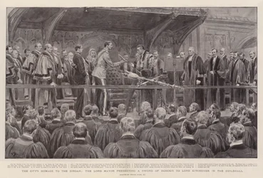 El homenaje de la ciudad al Sirdar, el alcalde presentando una espada de honor a Lord Kitchener en el Guildhall