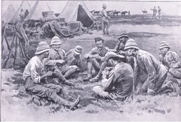 Soldados cansados disfrutando de un descanso, de Después de Pretoria: La Guerra de Guerrillas publicado por Harmsworth Bros Limited, 1901