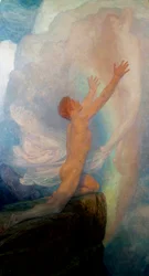 "En busca de la verdad" es una representación alegórica de la búsqueda de la verdad, con un hombre en la cima de una montaña intentando capturar una evanescente figura femenina. Pintura de Frank Dicksee (1853-1928) (prerrafaelita)