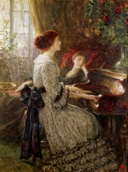 "Viejas canciones" Dos mujeres en un interior victoriano de clase media, una tocando el piano mientras la otra escucha con nostalgia desde un sillón. Pintura de Frank Dicksee (1853-1928) Colección privada