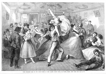 El hombre más malvado de Nueva York, escena de la Casa de Baile de John Allan, 304 Water Street, Ciudad de Nueva York, de Frank Leslies Illustrated Newspaper, 1868