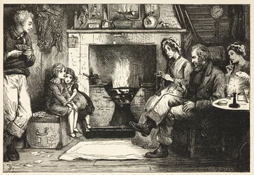 Una familia "dickensiana" reunida en torno a una chimenea.