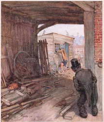 Al llegar a su destino, el primer objeto que se presentó ante su vista fue un par de pies muy imperfectamente calzados en el aire, hacia 1920