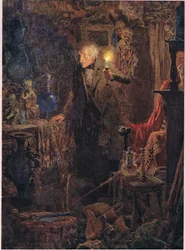 Era un ancianito de pelo largo y gris, cuyo rostro y figura, mientras sostenía la luz por encima de su cabeza y miraba ante sí, c.1920 (litografía en color).