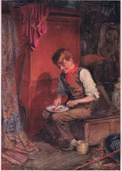 Kit lleva una gran rebanada de pan y carne a un rincón, y se aplica a disponer de ella con gran voracidad , c.1920 (litografía en color)