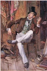 El Sr. Swiveller recostado en su silla con los ojos fijos en el techo, y de vez en cuando, entonando la voz en un tono necesario, c.1920 (litografía en color).