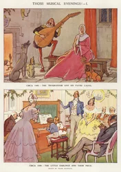 Animación musical a cargo de un trovador cantante y niños que tocan un paino (litografía en color).