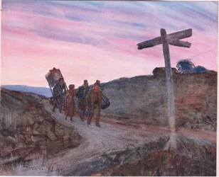 Short guiaba el camino; con caja plana, el equipaje privado (que no era extenso) atado en un fardo, c.1920 (litografía en color)