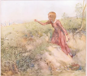 Poco después del amanecer, salió de la tienda y se adentró en unos campos a poca distancia arrancando unas cuantas rosas, c.1920 (litografía en color).