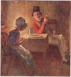La Marquesa sosteniendo sus cartas muy apretadas en ambas manos, considerando cuales jugar, c.1920 (litografía en color)