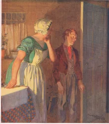 La niña se apresuró hacia la puerta y desapareció tan rápido como había llegado, c.1920 (litografía en color).