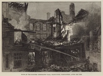 Ruinas del Scottish Corporation Hall, Crane-Court, Fleet-Street, después del incendio