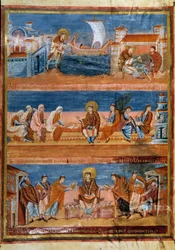 San Jerónimo dejando Roma y pagando a su maestro en Jerusalén (arriba), trabajando con sus escribas (centro) y distribuyendo la Vulgata (abajo). Miniatura en la "Primera Biblia de Carlos el Calvo, también conocida como la Biblia de Vivien" (Folio 3v), 845-