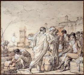 Comerciantes en los muelles del puerto de Marsella Dibujo por François André Vincent (1746-1816) siglo XVIII Marsella, Museo de la Marina