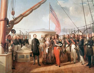 Entrevista entre Victoria, Reina de Inglaterra y Louis-Philippe, Rey de Francia, a bordo del yate Victoria y Albert, frente a Treport, 2 de septiembre de 1843 (detalle)