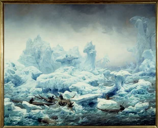 Vista del océano helado, pesca de morsas por los groenlandeses