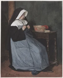 Una monja sentada en una mesa tejiendo, 1862