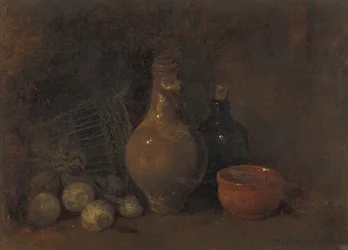 Bodegón con cuatro frutas, vidrio y cerámica