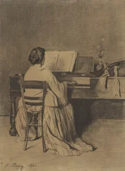 Mujer al piano, vista desde atrás