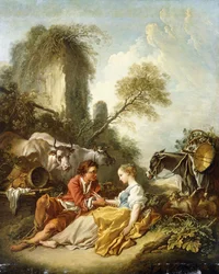 Un paisaje pastoral con un pastor y una pastora sentados junto a ruinas