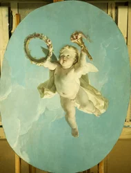 Un putti en vuelo sosteniendo una corona y una antorcha
