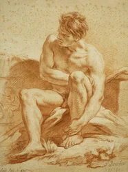 Un desnudo sentado con un bastón, un relieve con putti a la izquierda, 1738