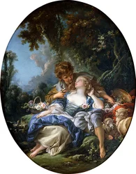 Un pastor y una pastora en coqueteo en un paisaje boscoso, 1761