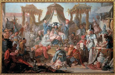 Audiencia del Emperador de China. Los súbditos se postran ante el emperador. Pintura de François Boucher
