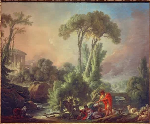 Paisaje fluvial con templo antiguo