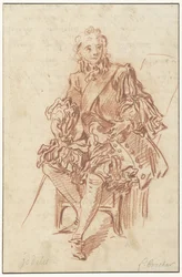 Jodelet sentado en una silla
Diseño para la ilustración de Les Précieuses Ridicules