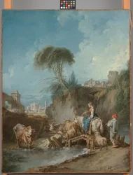 Paisaje con edificios lejanos y una pastora