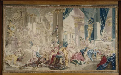 Manufacture de Beauvais - Psique conducida por Céfiro al palacio del Amor y Psique mostrando su riqueza a sus hermanas, Después de 1741