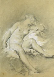 Joven mujer desnuda sentada, dormida