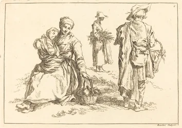 Madre sentada y niño, dos campesinos de pie