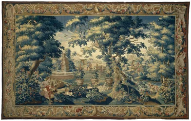 Paisaje del parque con pareja sentada y cazadores en reposo