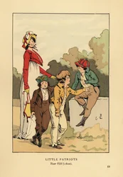 Niños con chaquetas y calzones con Merveilleuse en túnica romana con gorro y chaqueta spencer. Pequeños Patriotas, Año VIII
